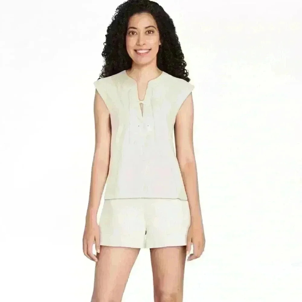 Free Assembly Womens Size M Terry Short Set Egret Sleeveless Front Tie EUC